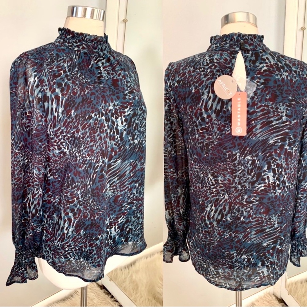 Animal Print Ruffle Top Blouse 6 Small NWT blue black leopard print MoB wife